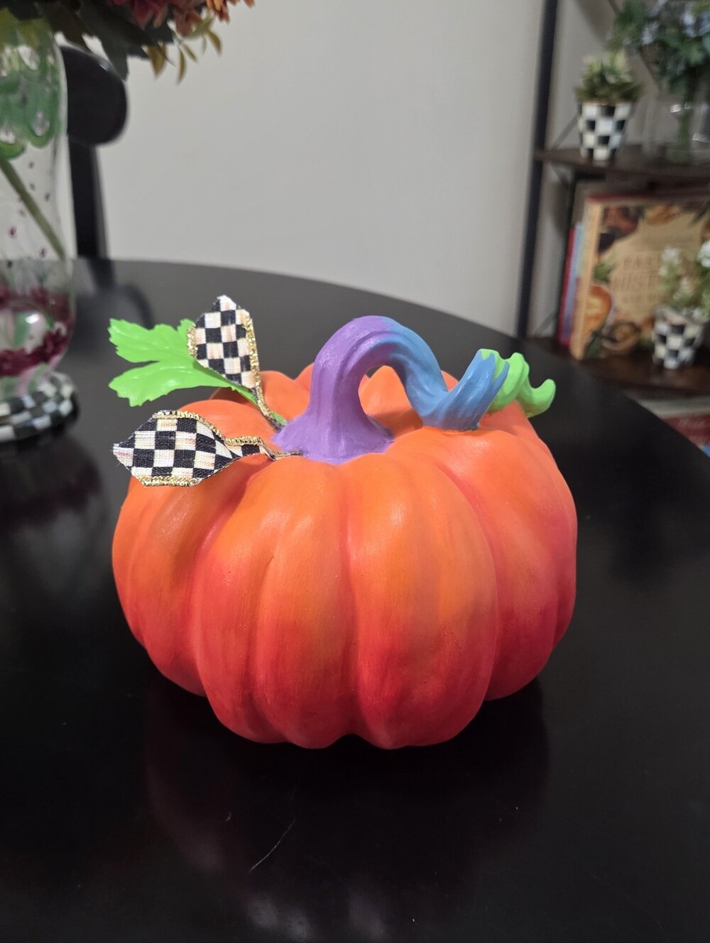 Whimsical Ombre Pumpkin w/ Black and White Check Leaves, Medium
